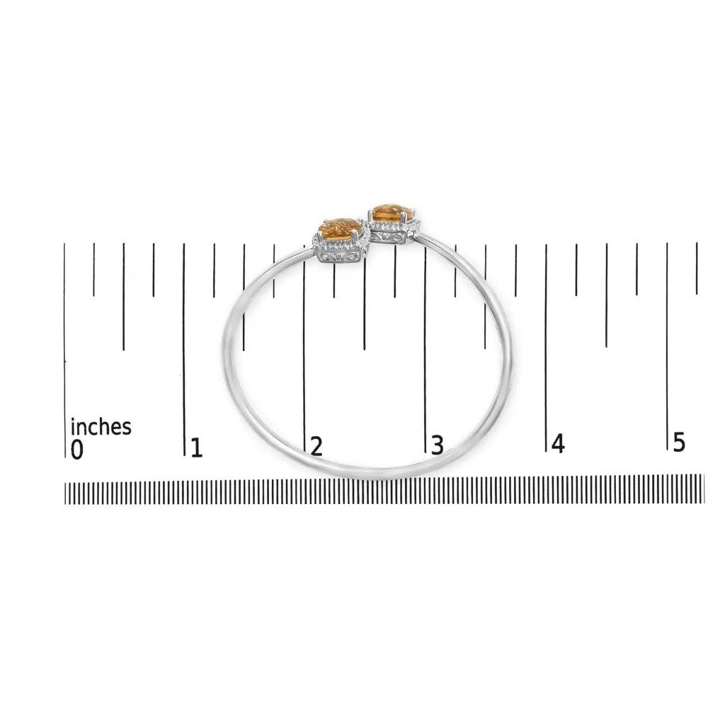 Cushion Citrine and Diamond Halo Split Bypass Bangle in Sterling Silver