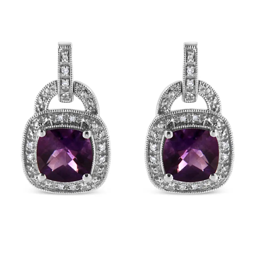 Cushion Amethyst and Diamond Halo Dangle Earrings in Sterling Silver 1/10 Cttw