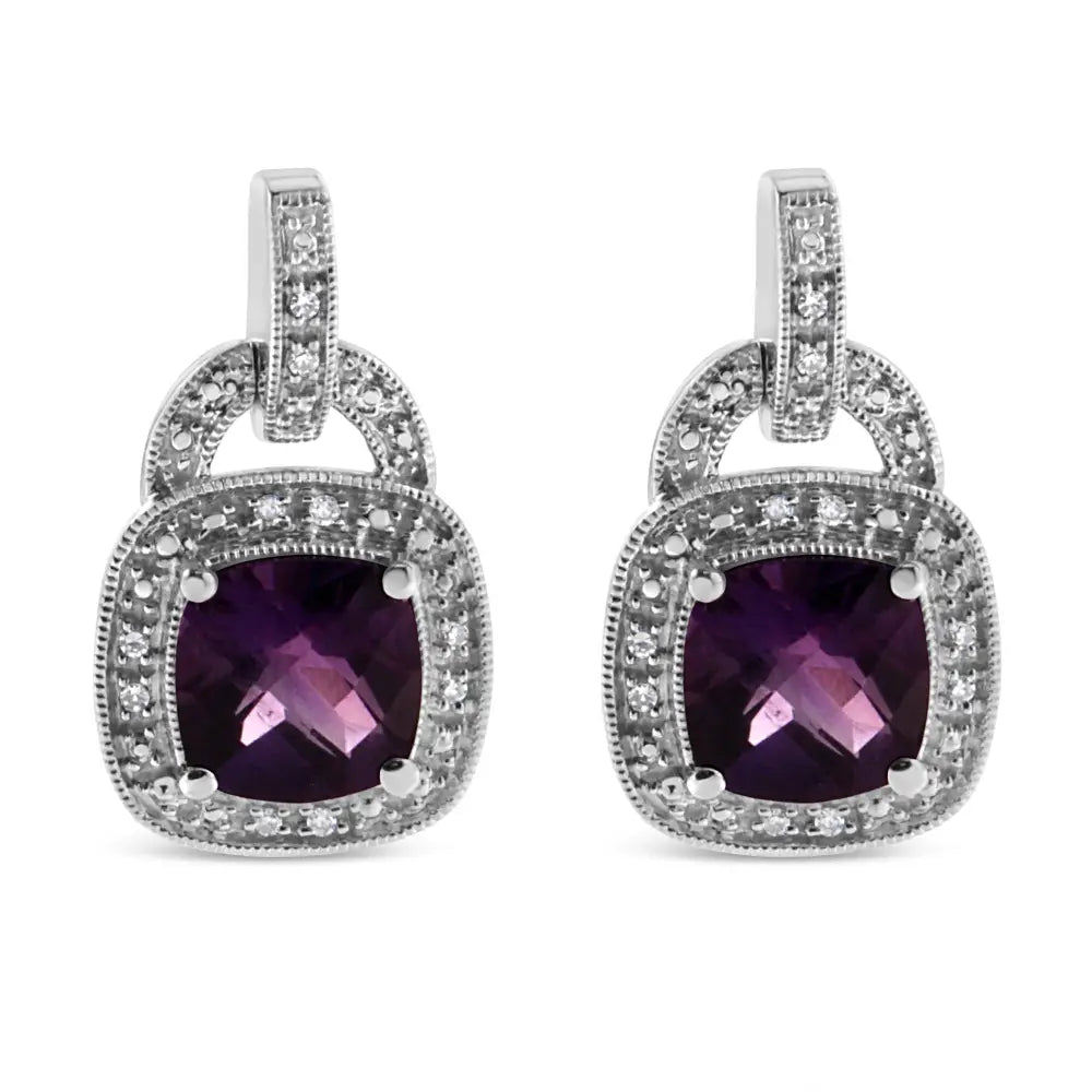 Cushion Amethyst and Diamond Halo Dangle Earrings in Sterling Silver 1/10 Cttw