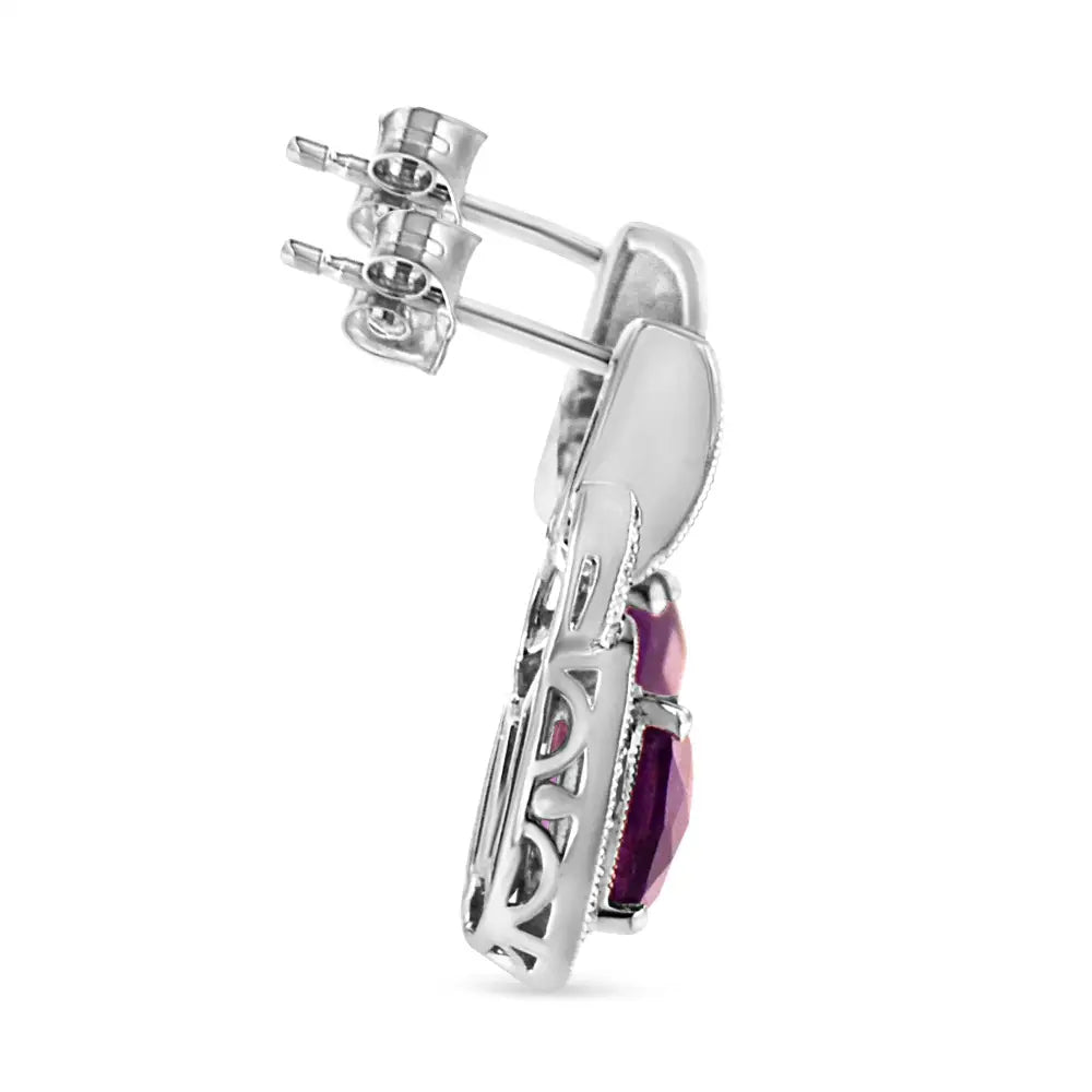 Cushion Amethyst and Diamond Halo Dangle Earrings in Sterling Silver 1/10 Cttw