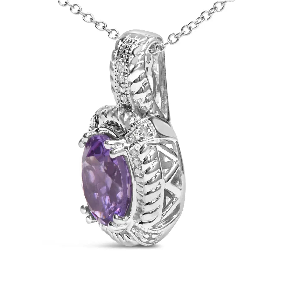 Oval Amethyst and Diamond Drop Pendant in Sterling Silver 9x7mm
