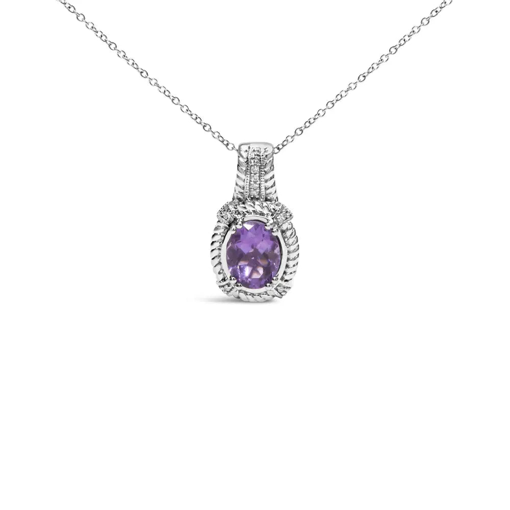 Oval Amethyst and Diamond Drop Pendant in Sterling Silver 9x7mm