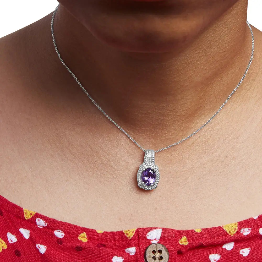 Oval Amethyst and Diamond Drop Pendant in Sterling Silver 9x7mm