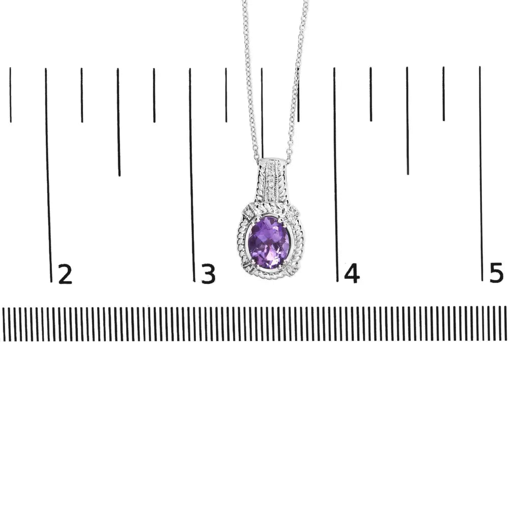 Oval Amethyst and Diamond Drop Pendant in Sterling Silver 9x7mm