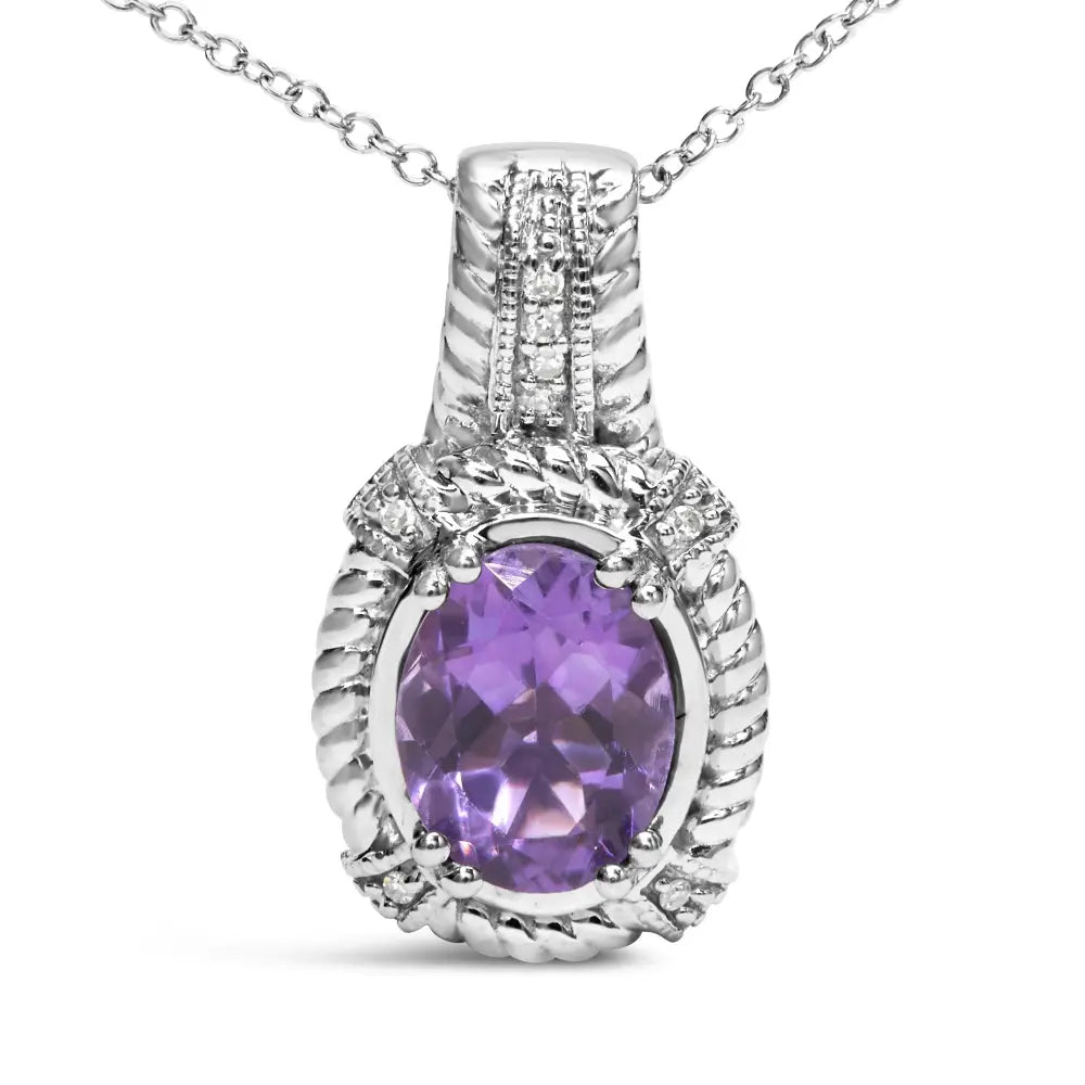 Oval Amethyst and Diamond Drop Pendant in Sterling Silver 9x7mm