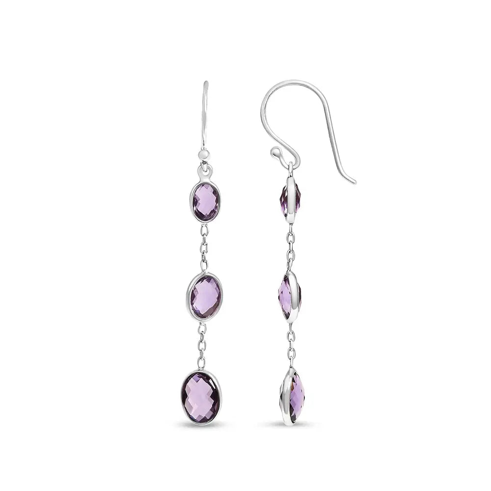 Sterling Silver Checkerboard Oval Amethyst 2 Inch Triple Drop Earrings