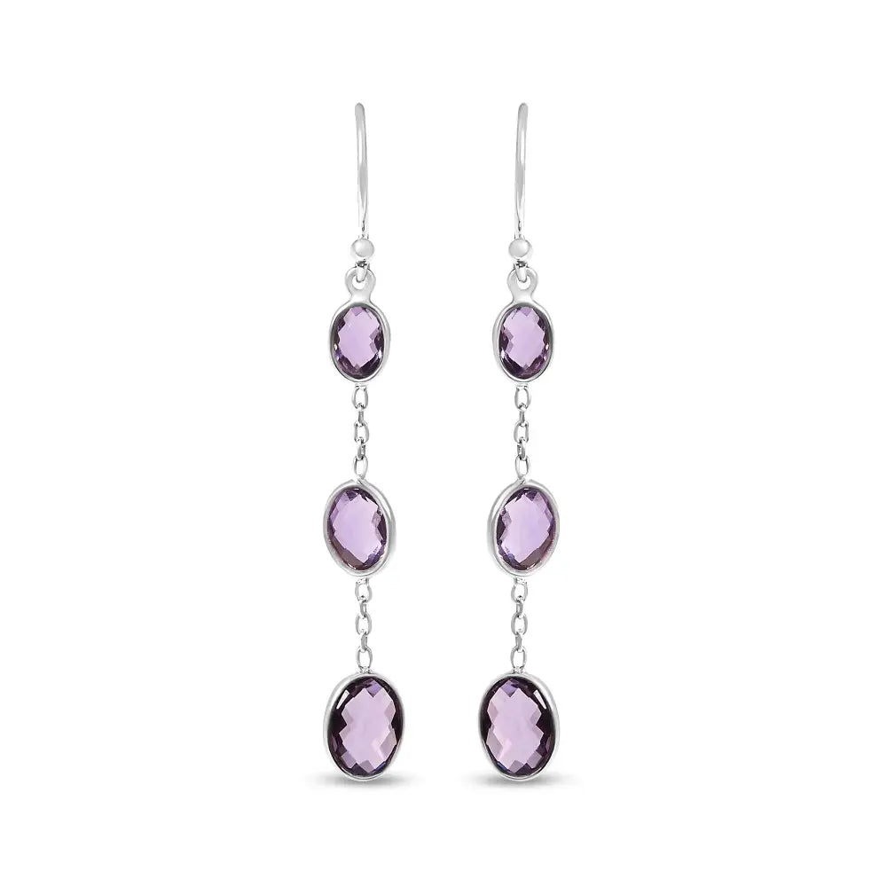 Sterling Silver Checkerboard Oval Amethyst 2 Inch Triple Drop Earrings