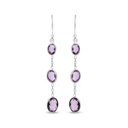 Sterling Silver Checkerboard Oval Amethyst 2 Inch Triple Drop Earrings