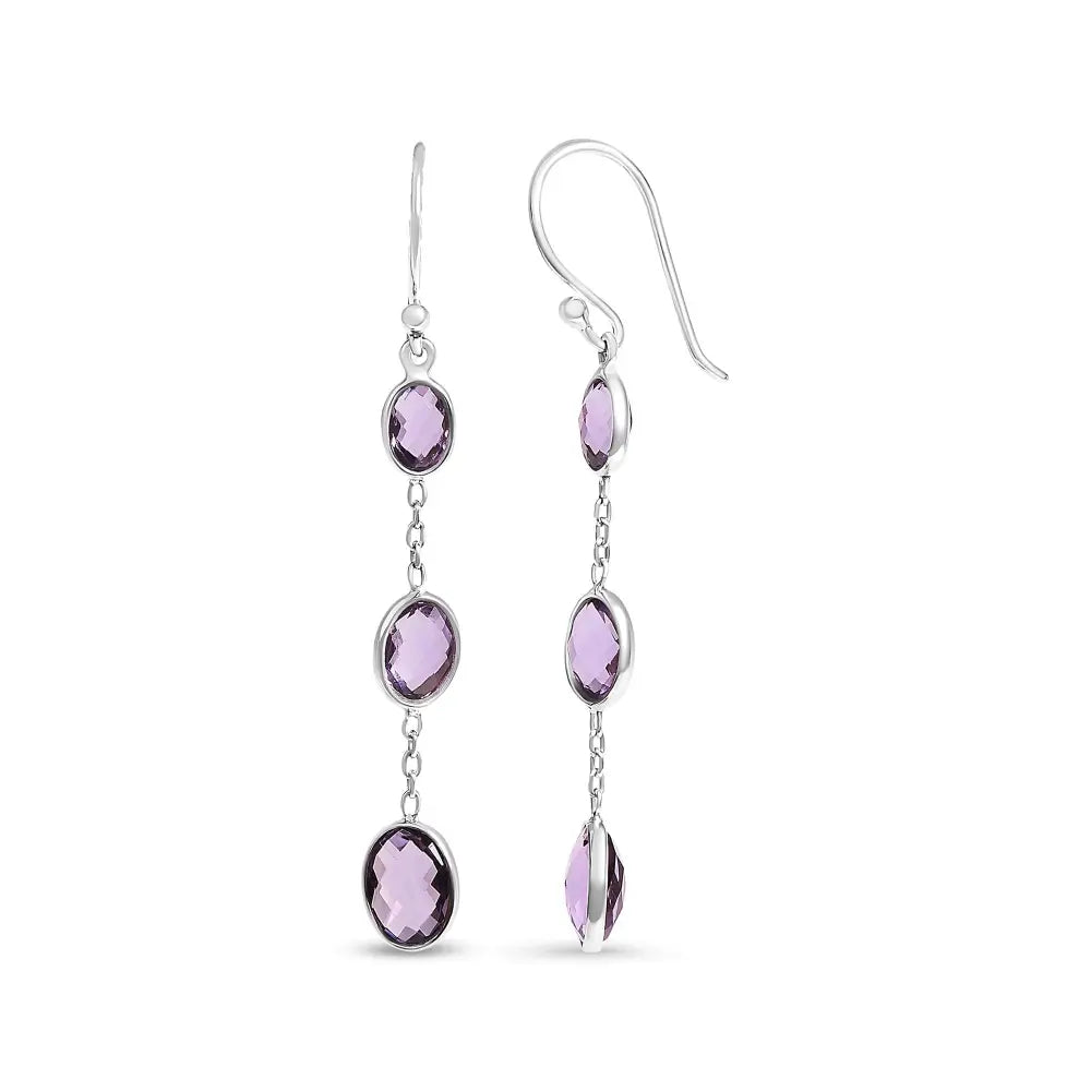 Sterling Silver Checkerboard Oval Amethyst 2 Inch Triple Drop Earrings