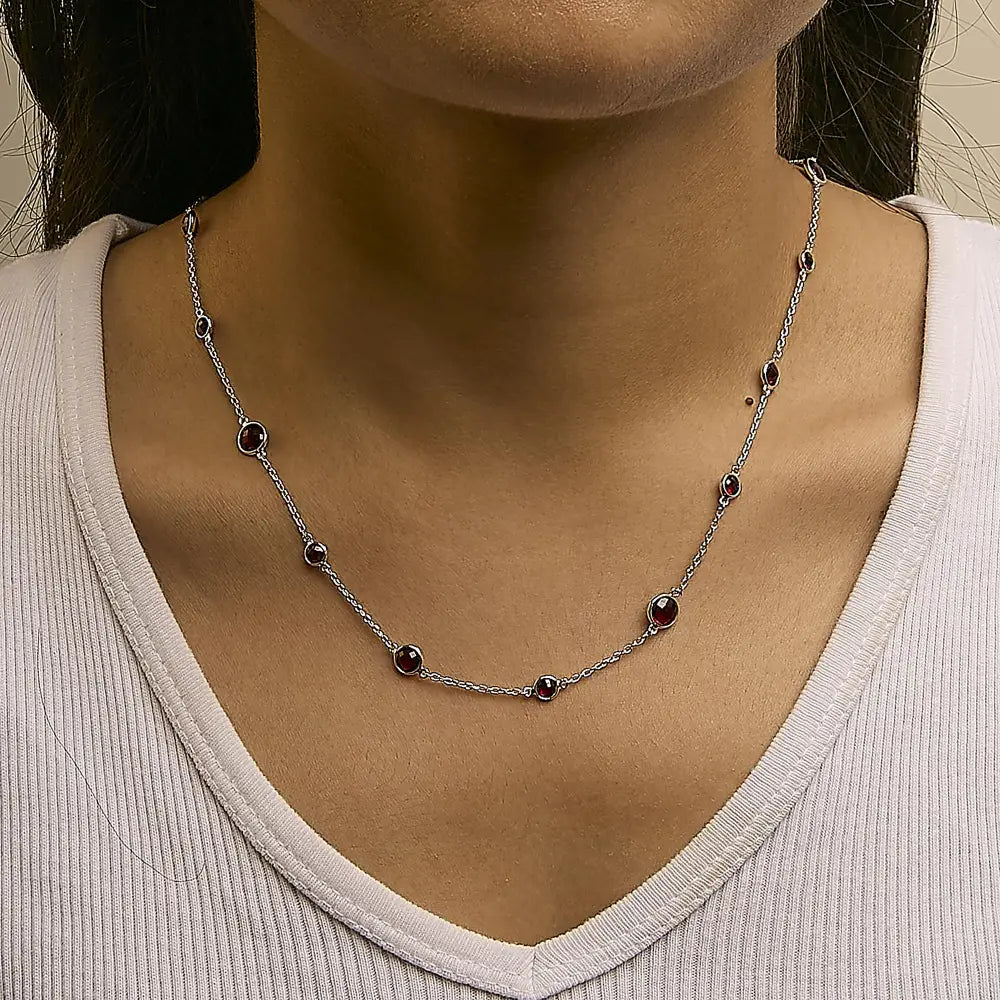 Sterling Silver Checkerboard Red Garnet Bezel Station Necklace 22 Inch