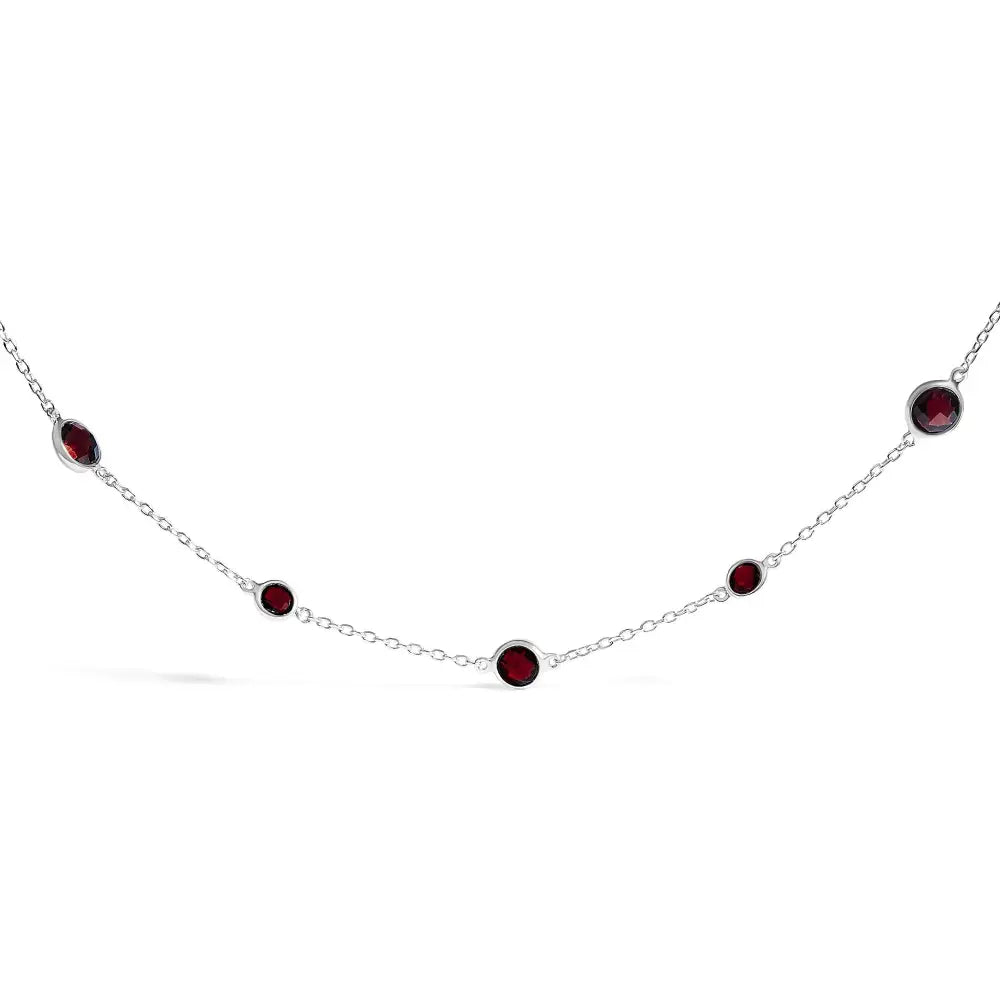 Sterling Silver Checkerboard Red Garnet Bezel Station Necklace 22 Inch