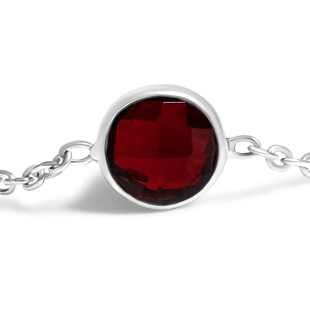 Sterling Silver Checkerboard Red Garnet Bezel Station Necklace 22 Inch