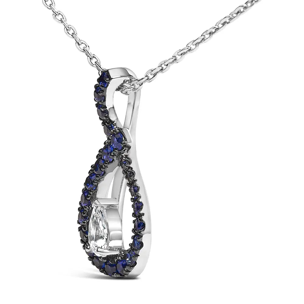 Sterling Silver Created Blue and White Sapphire Teardrop Necklace 18