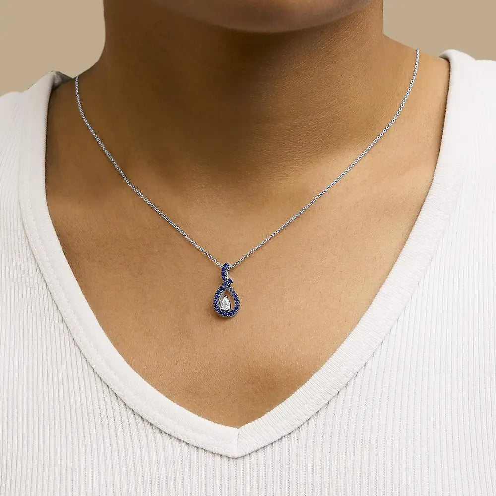 Sterling Silver Created Blue and White Sapphire Teardrop Necklace 18