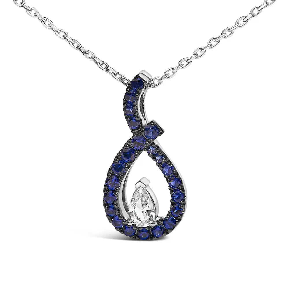 Sterling Silver Created Blue and White Sapphire Teardrop Necklace 18