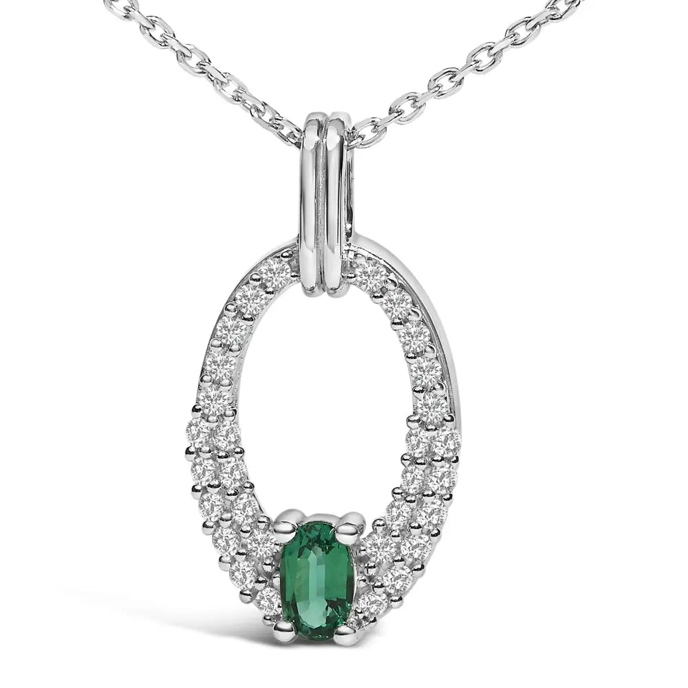 Sterling Silver Created Emerald and White Sapphire Oval Pendant Necklace 18