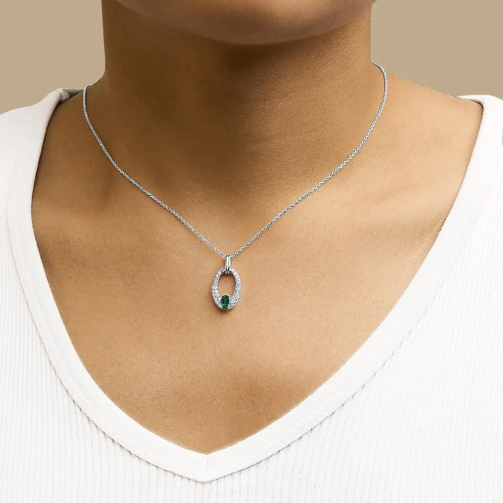 Sterling Silver Created Emerald and White Sapphire Oval Pendant Necklace 18