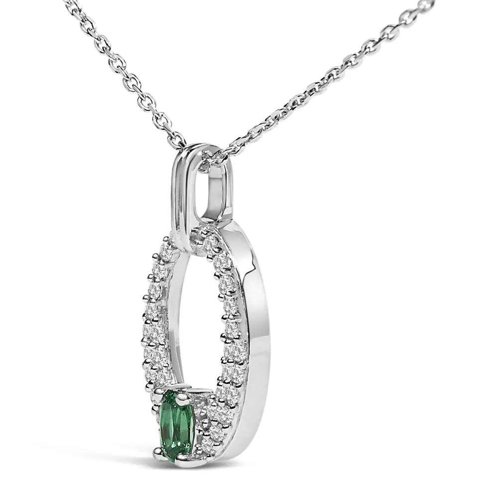 Sterling Silver Created Emerald and White Sapphire Oval Pendant Necklace 18