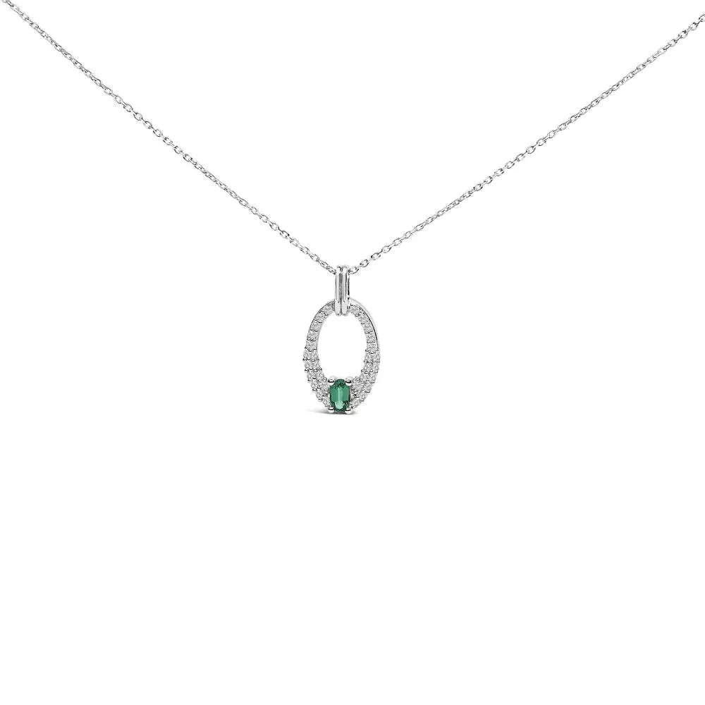 Sterling Silver Created Emerald and White Sapphire Oval Pendant Necklace 18