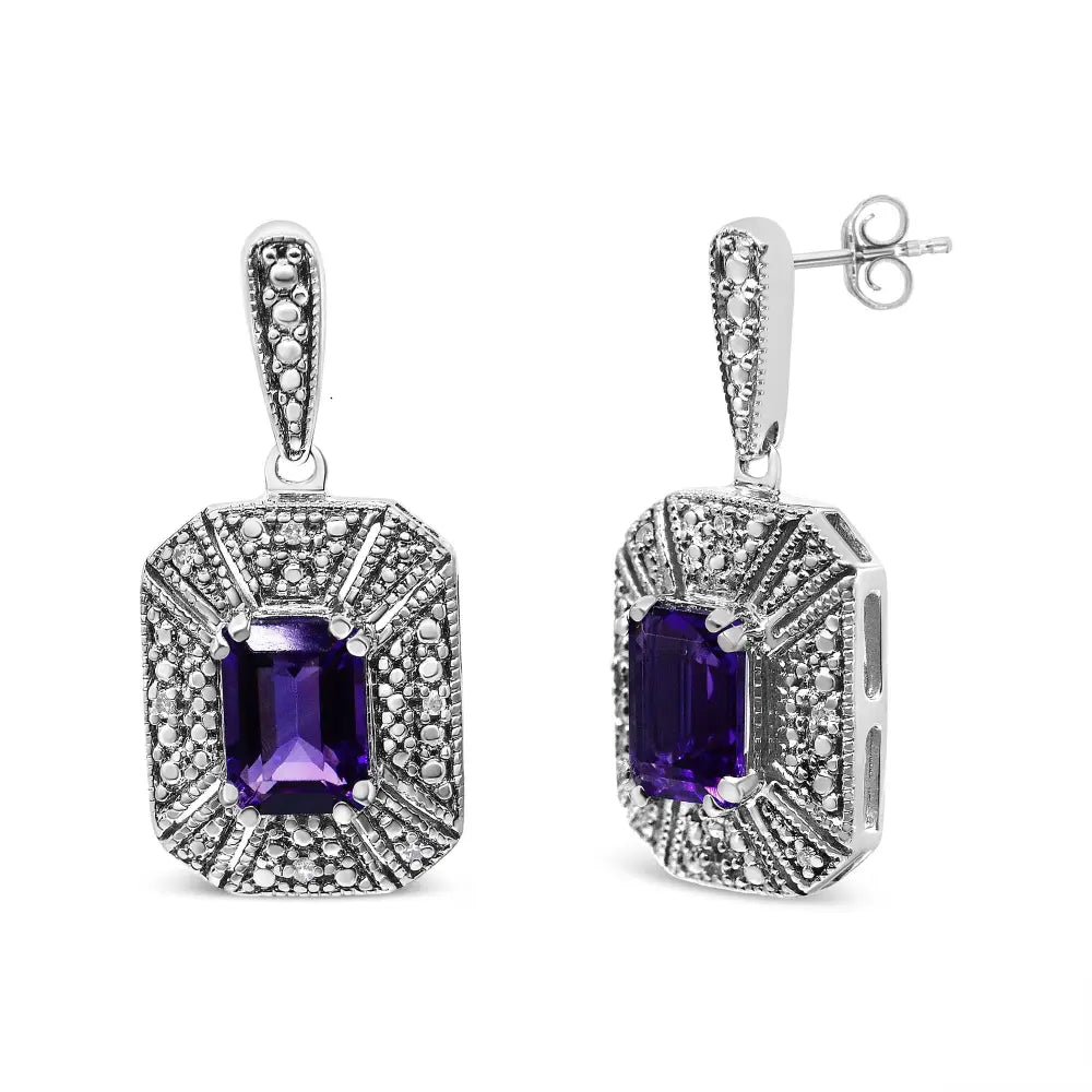 7x5mm Amethyst and Diamond Halo Stud Earrings in Sterling Silver