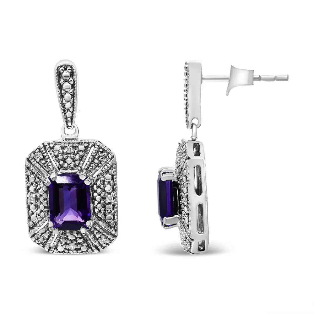7x5mm Amethyst and Diamond Halo Stud Earrings in Sterling Silver