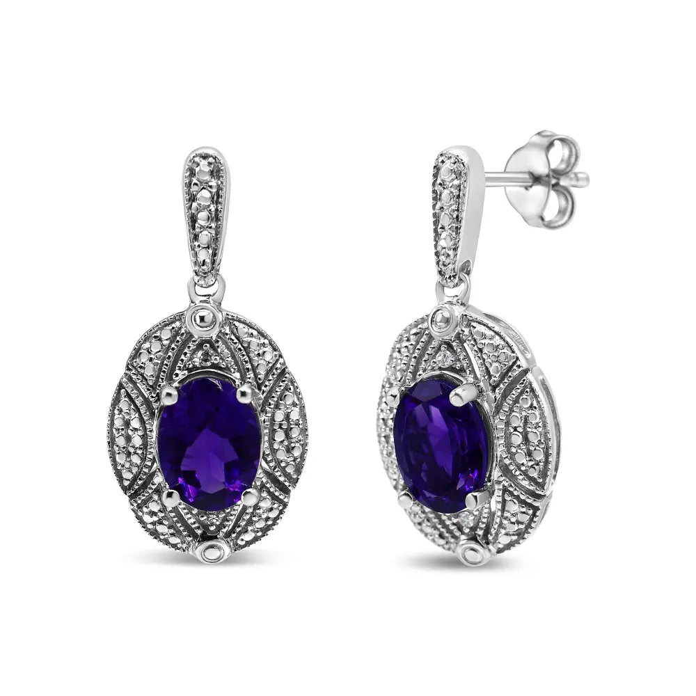 Oval Amethyst and Diamond Accent Milgrain Studs in Sterling Silver