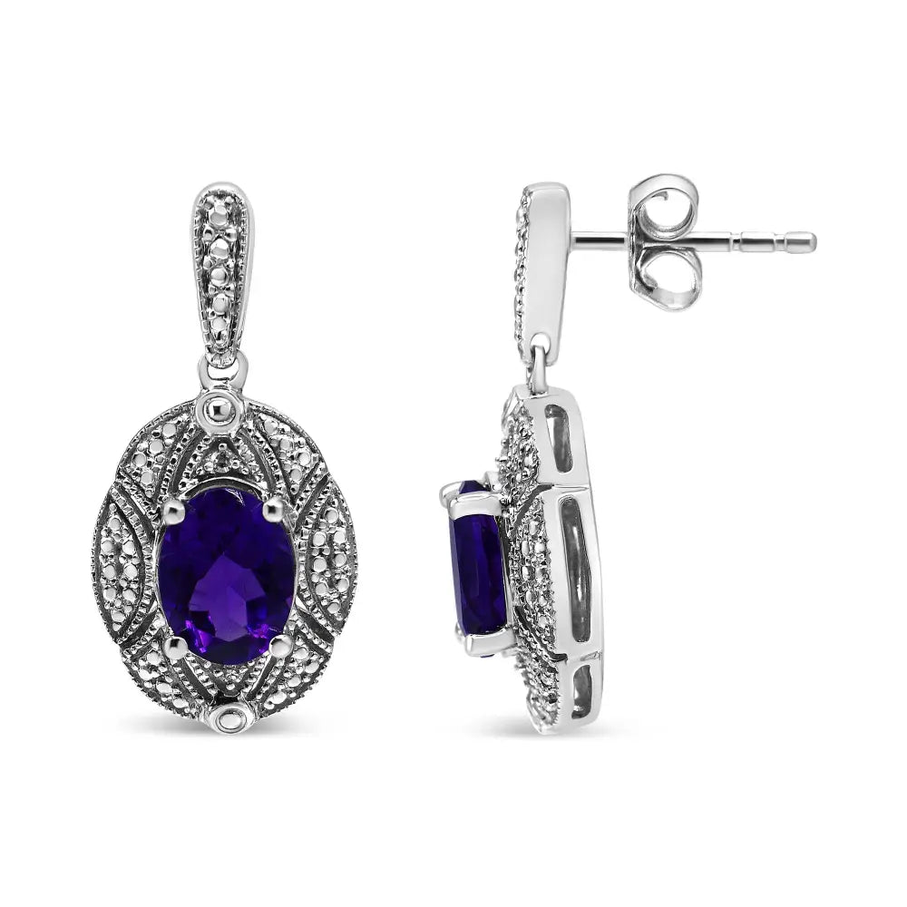 Oval Amethyst and Diamond Accent Milgrain Studs in Sterling Silver
