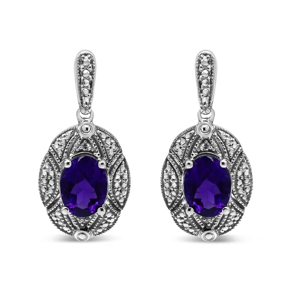Oval Amethyst and Diamond Accent Milgrain Studs in Sterling Silver