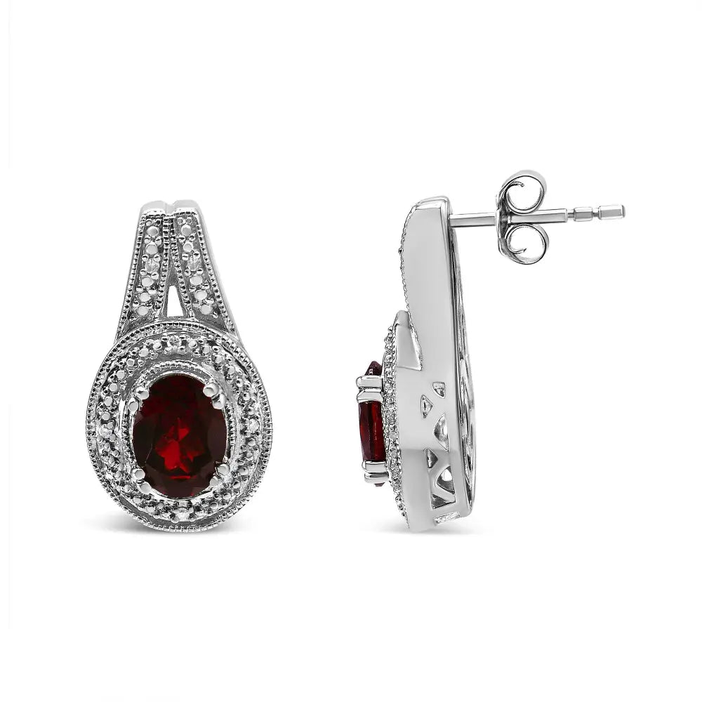 Oval Garnet and Diamond Accent Milgrain Stud Earrings in Sterling Silver