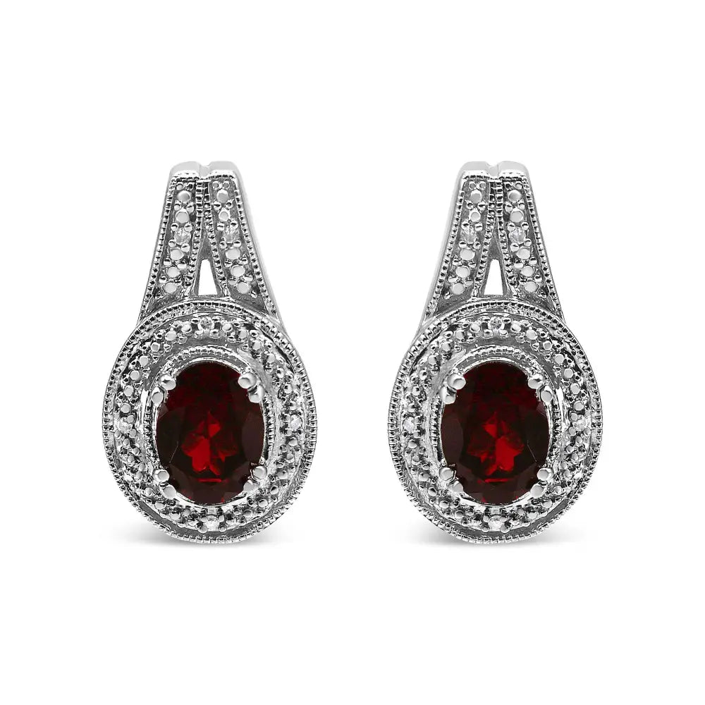 Oval Garnet and Diamond Accent Milgrain Stud Earrings in Sterling Silver