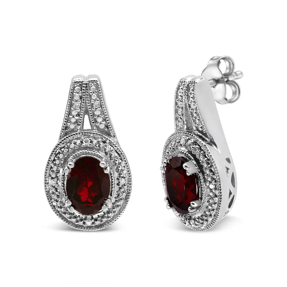 Oval Garnet and Diamond Accent Milgrain Stud Earrings in Sterling Silver