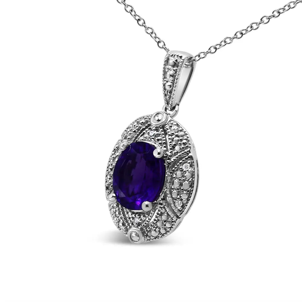 Oval Amethyst and Diamond Milgrain Pendant in Sterling Silver 18 Inch