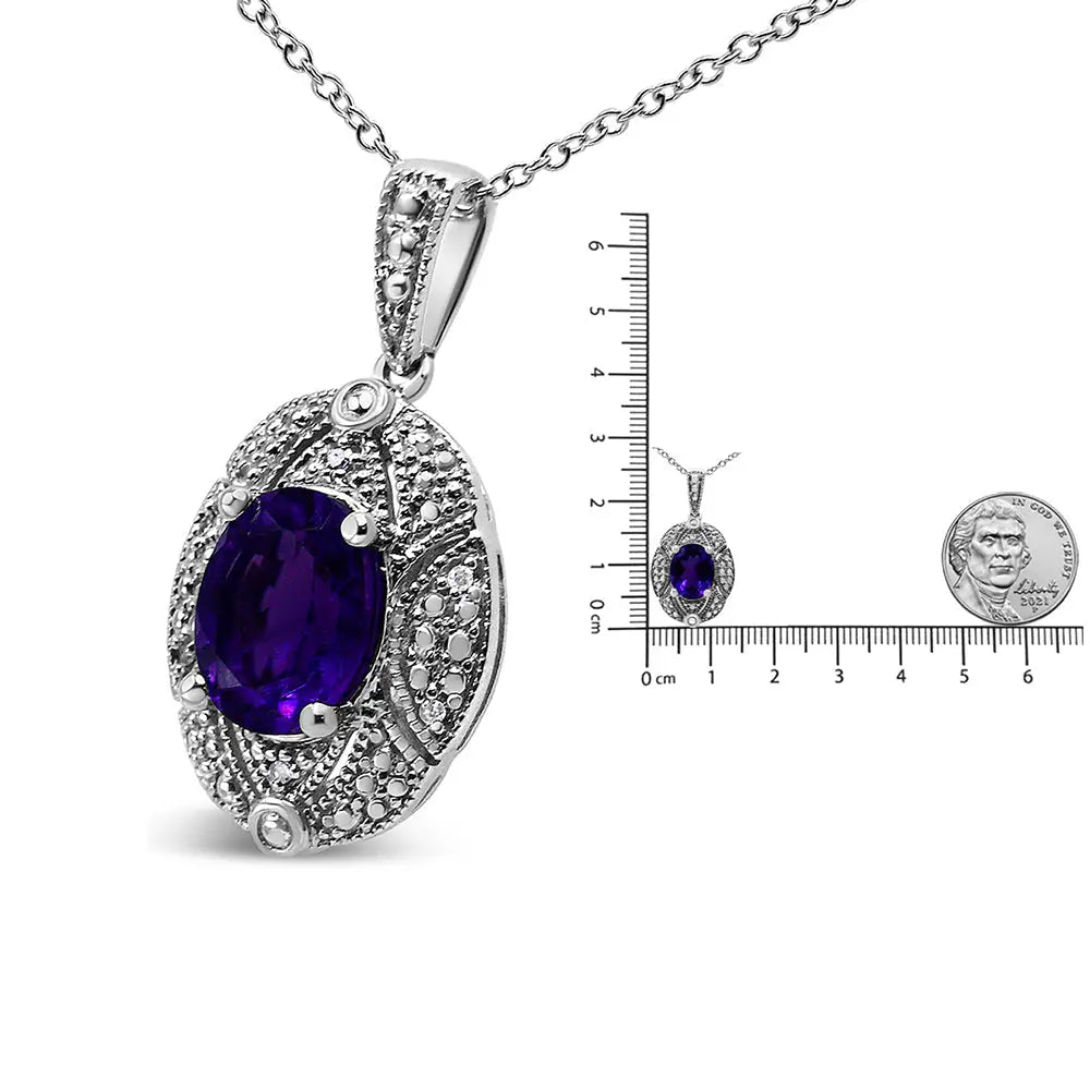 Oval Amethyst and Diamond Milgrain Pendant in Sterling Silver 18 Inch