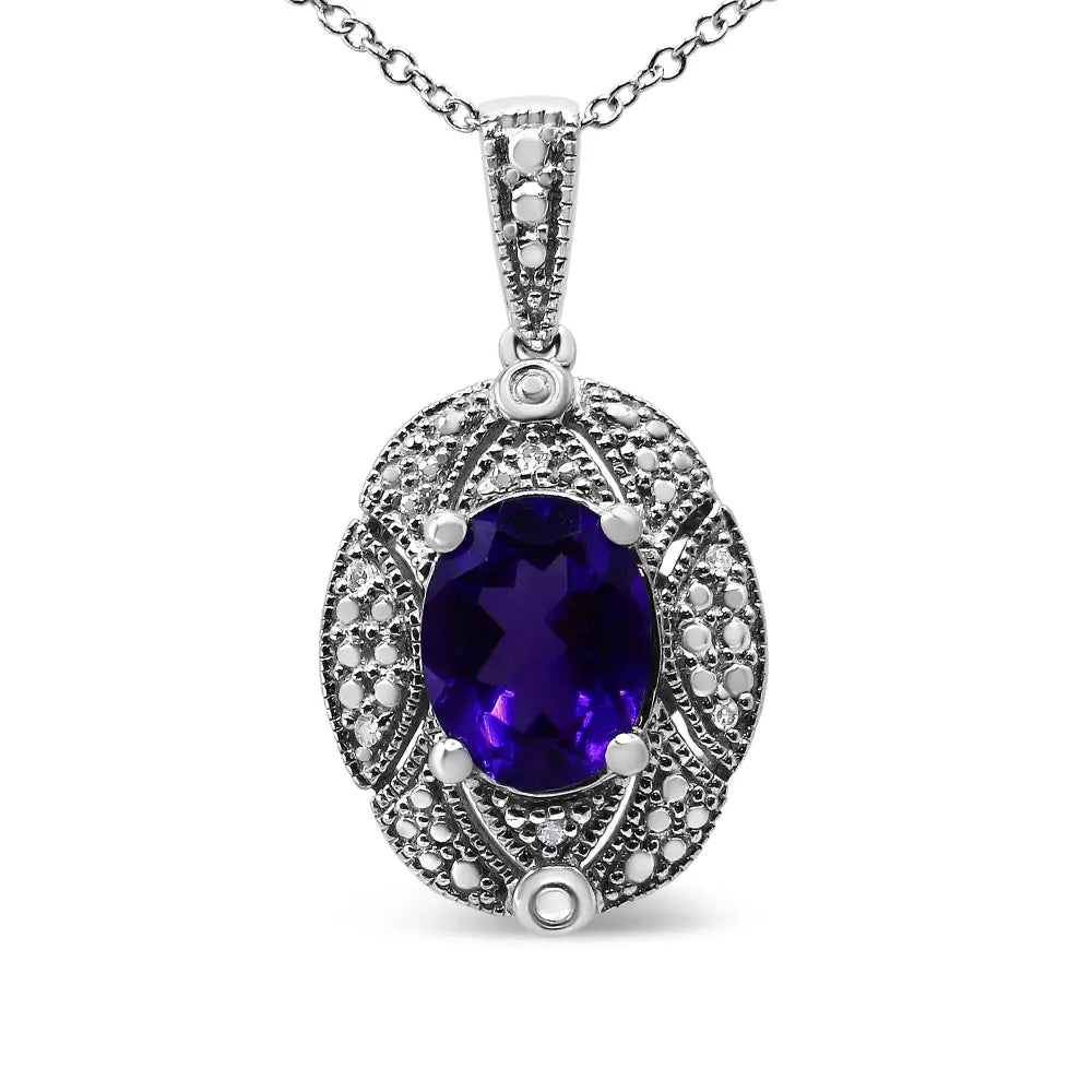 Oval Amethyst and Diamond Milgrain Pendant in Sterling Silver 18 Inch