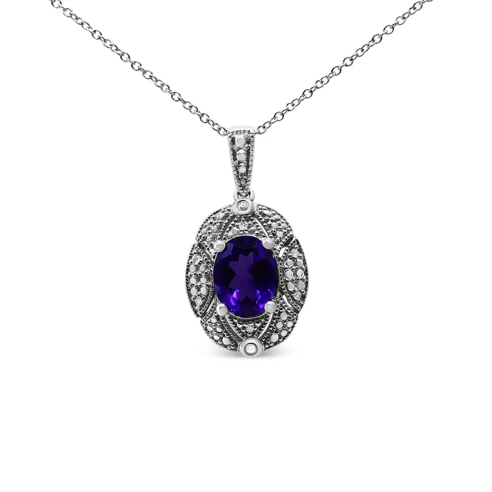 Oval Amethyst and Diamond Milgrain Pendant in Sterling Silver 18 Inch