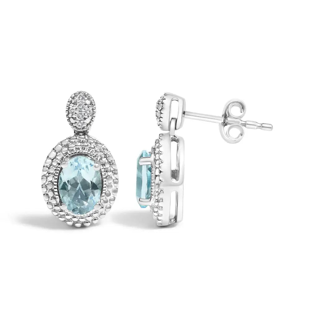 Oval Blue Topaz and Diamond Beaded Double Halo Drop Earrings in Silver