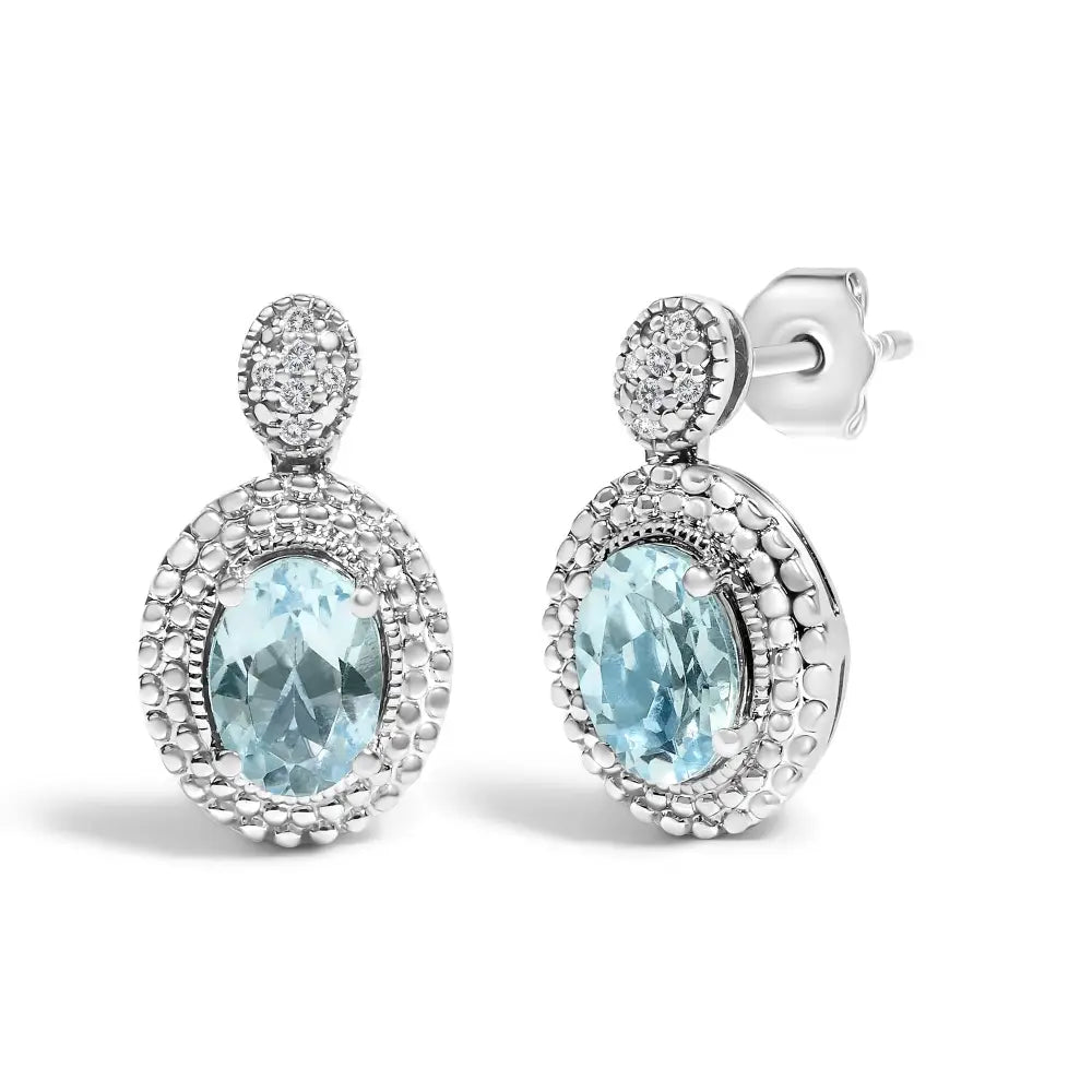 Oval Blue Topaz and Diamond Beaded Double Halo Drop Earrings in Silver