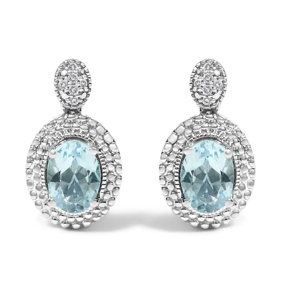 Oval Blue Topaz and Diamond Beaded Double Halo Drop Earrings in Silver