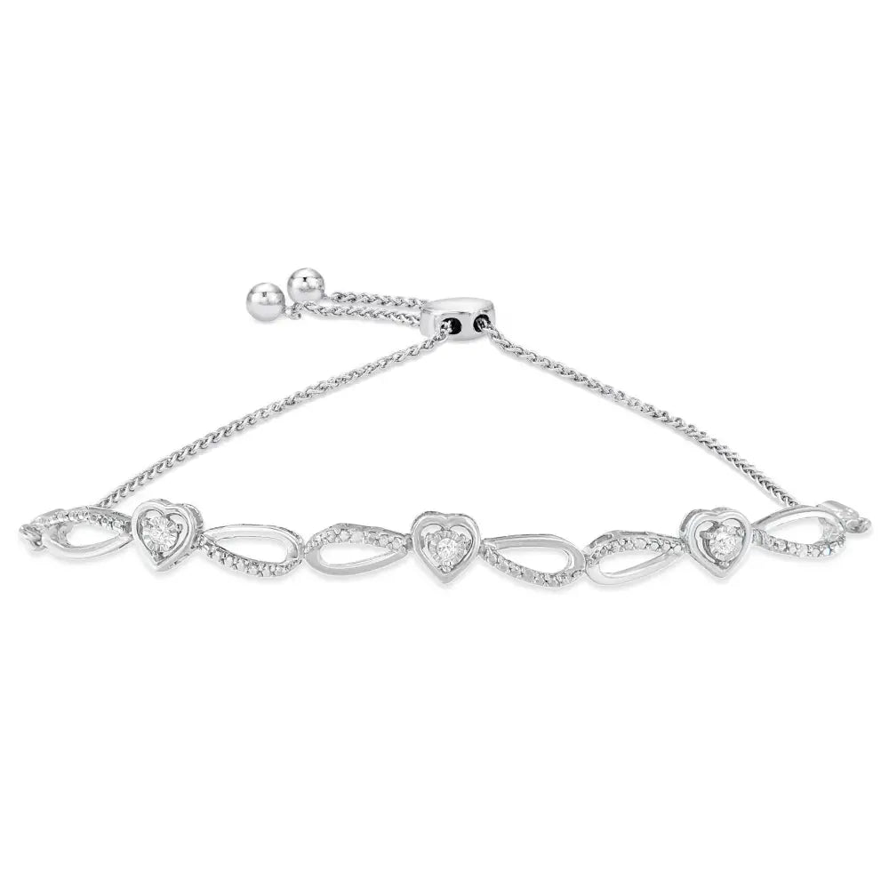 Diamond Triple Heart Infinity Bolo Bracelet in Sterling Silver 6–9 Inch