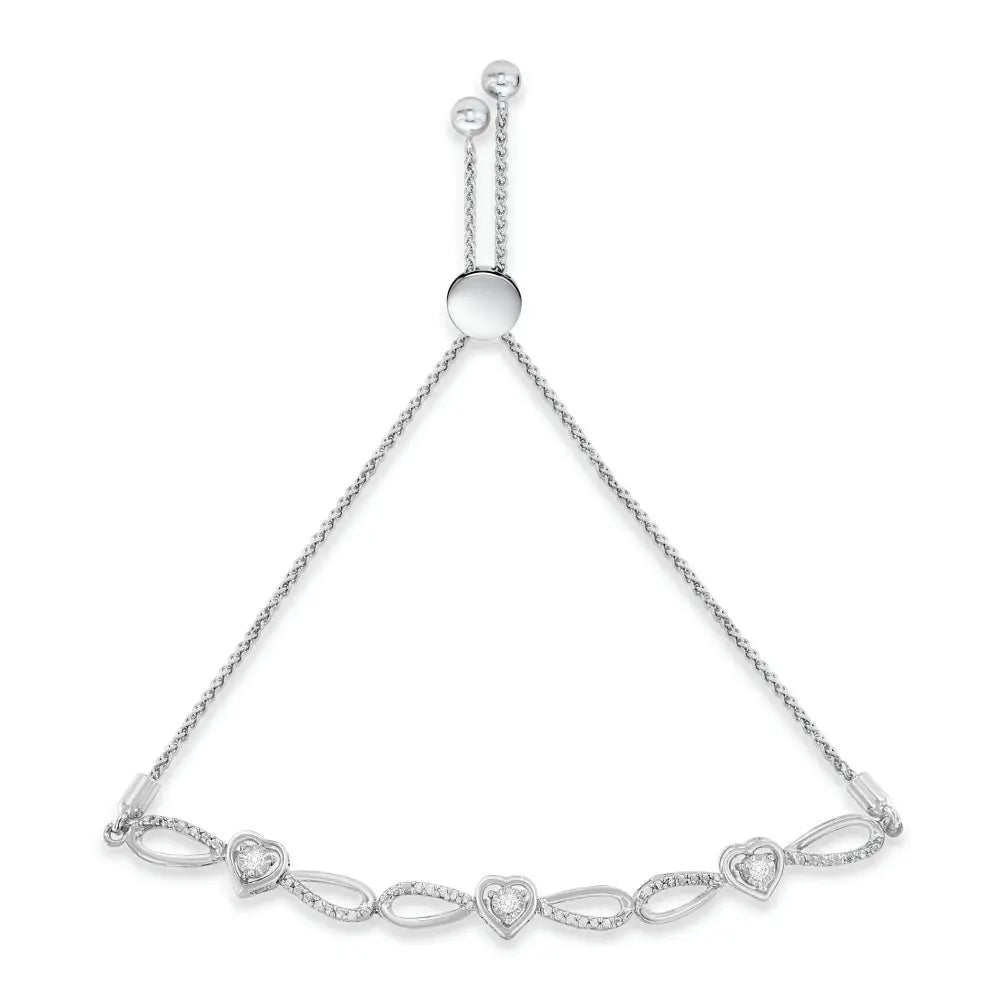 Diamond Triple Heart Infinity Bolo Bracelet in Sterling Silver 6–9 Inch