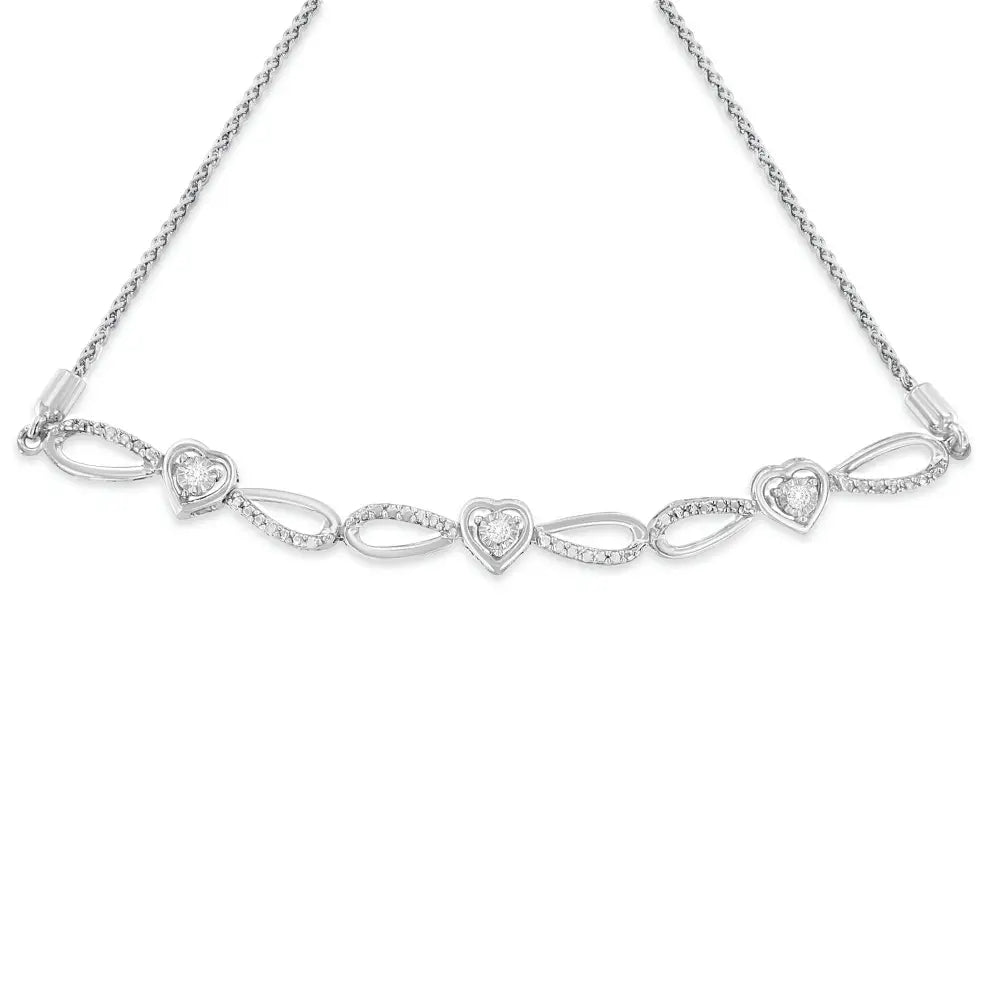 Diamond Triple Heart Infinity Bolo Bracelet in Sterling Silver 6–9 Inch