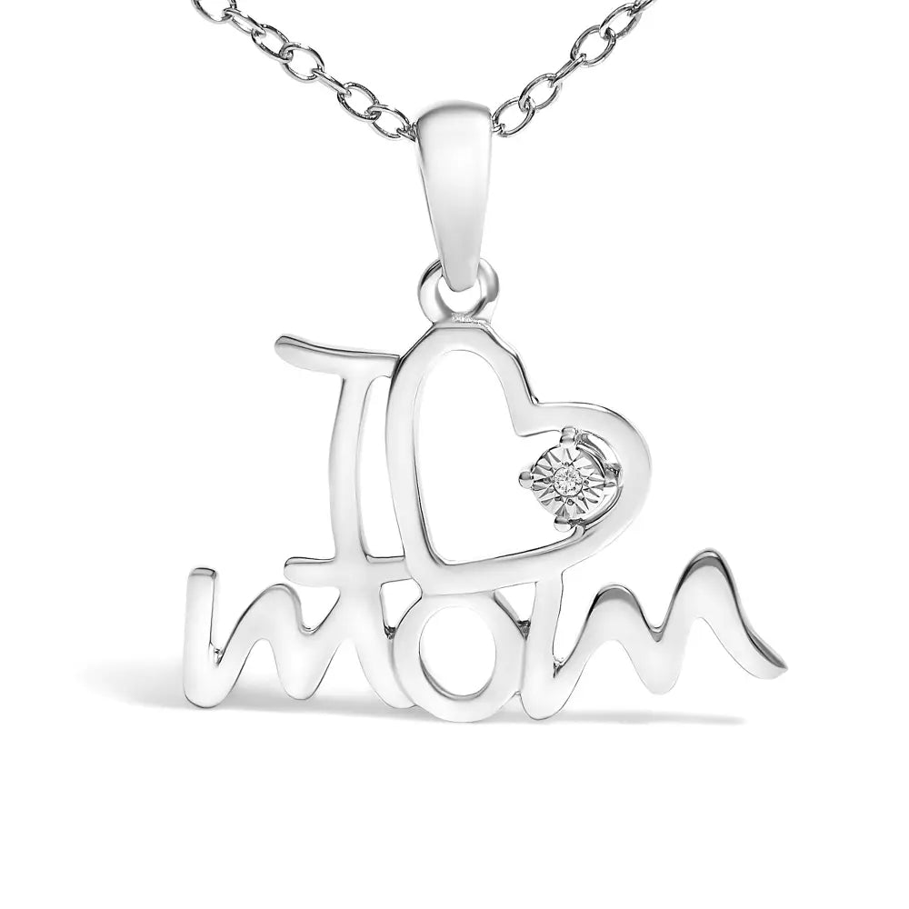 I Love Mom Diamond Heart Pendant Necklace in Sterling Silver 18 Inch