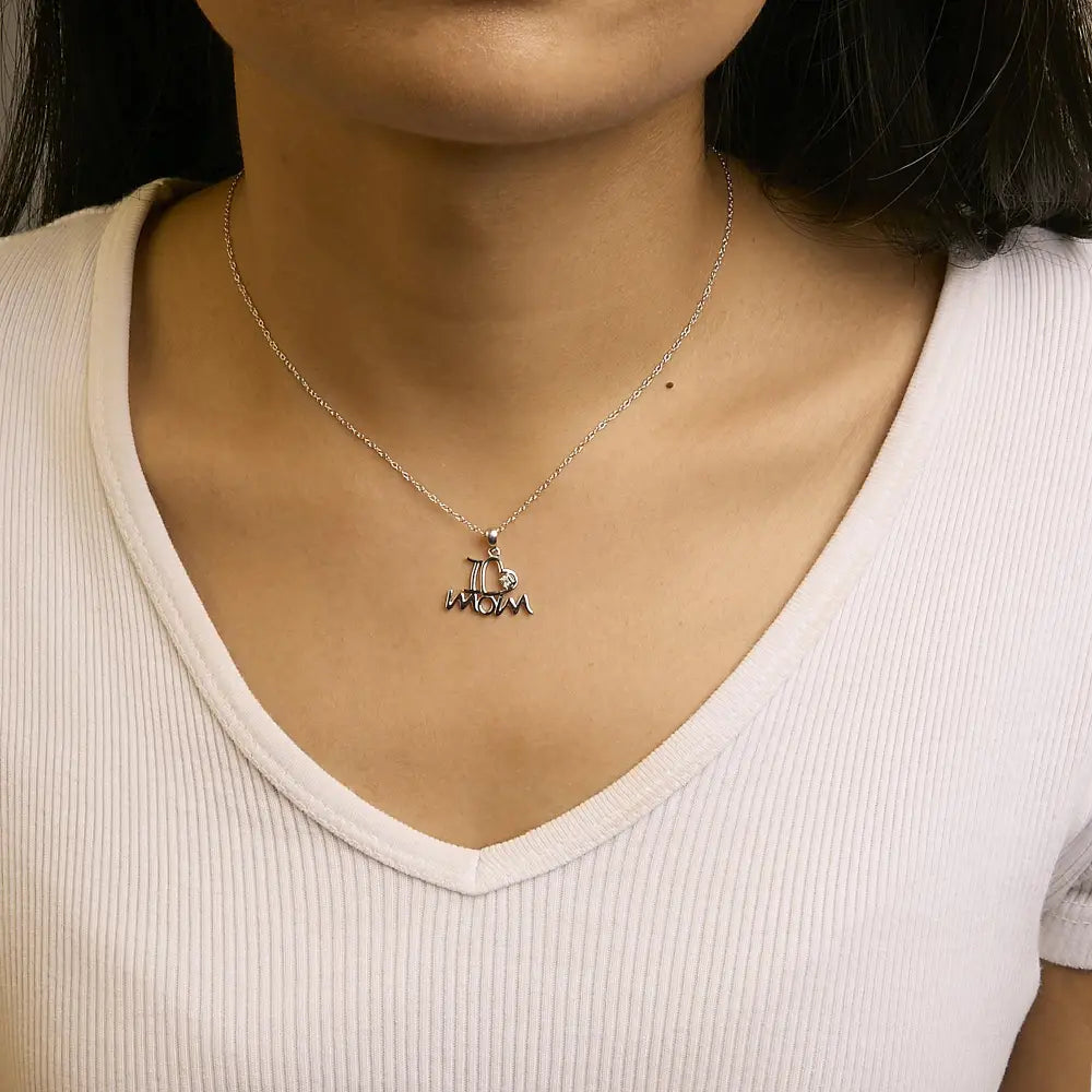 I Love Mom Diamond Heart Pendant Necklace in Sterling Silver 18 Inch