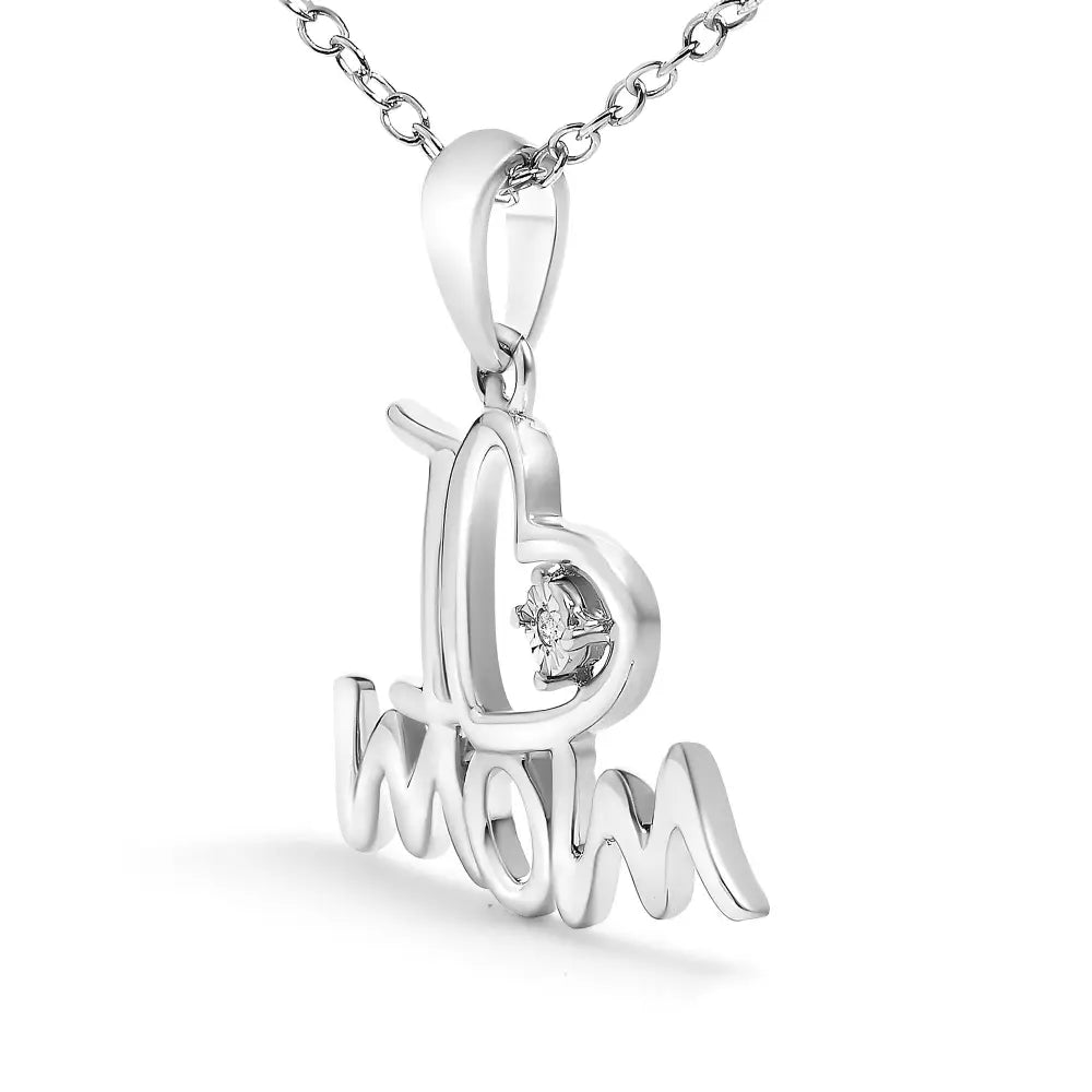 I Love Mom Diamond Heart Pendant Necklace in Sterling Silver 18 Inch