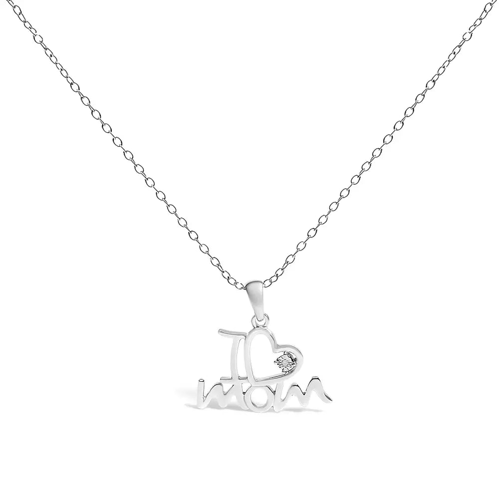 I Love Mom Diamond Heart Pendant Necklace in Sterling Silver 18 Inch
