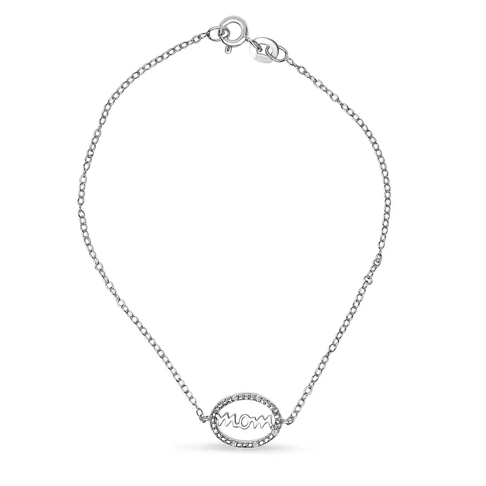 Diamond Accent MOM Charm Bracelet in Rhodium Plated Sterling Silver 7