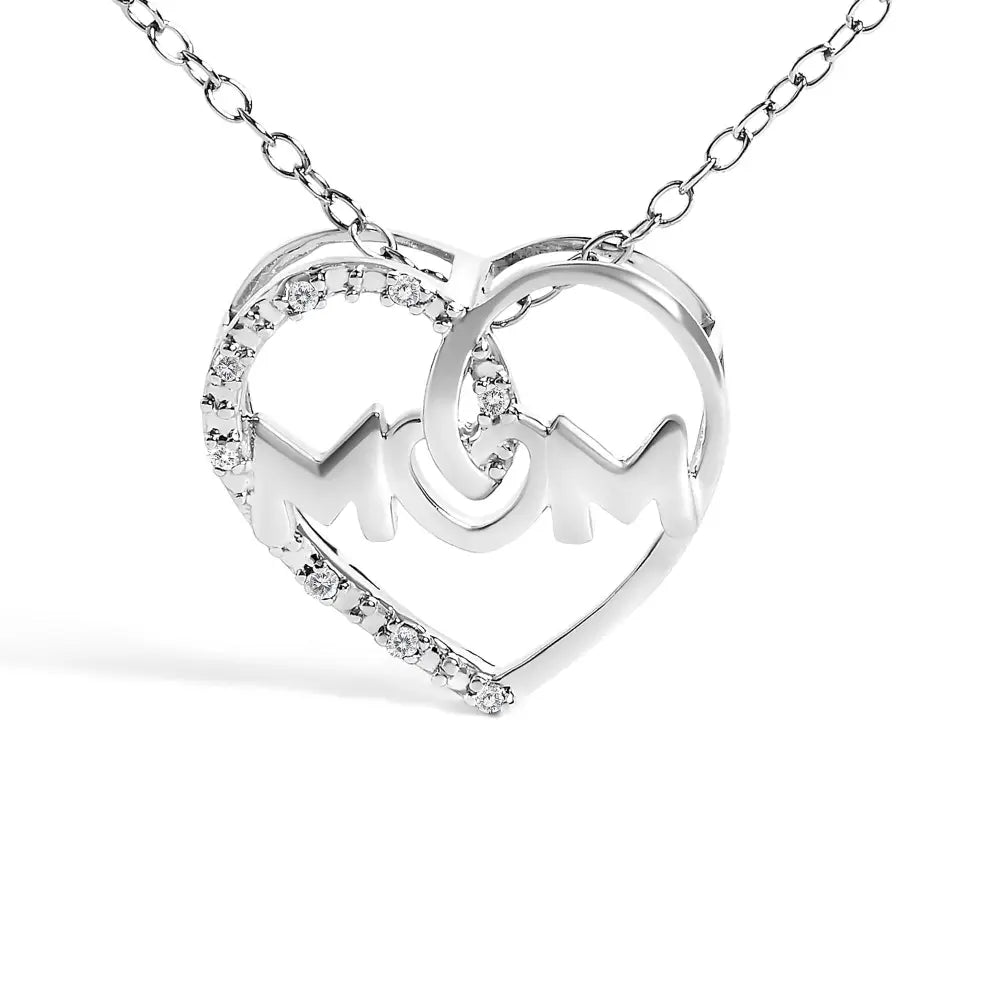 Diamond Accent MOM Heart Pendant in Sterling Silver 18 Inch Rope Chain