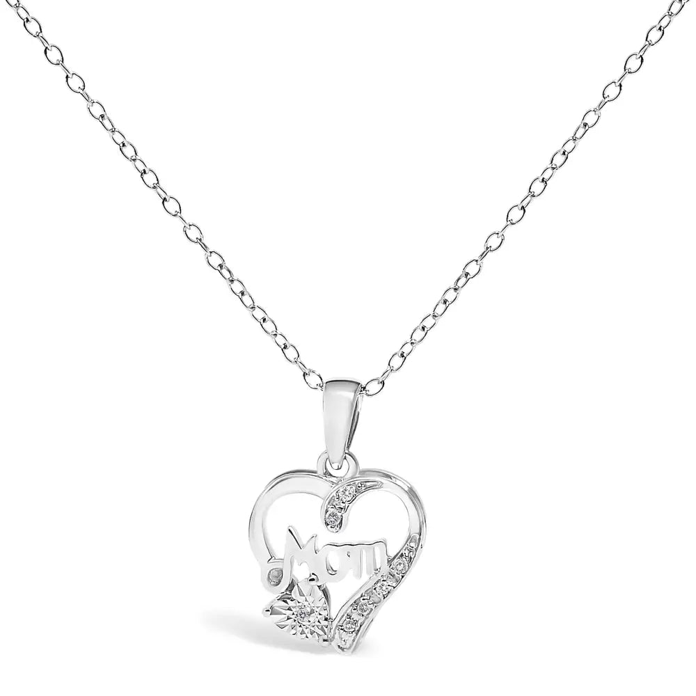 Diamond Accent Mom Heart Pendant Necklace in Sterling Silver 18 Inch