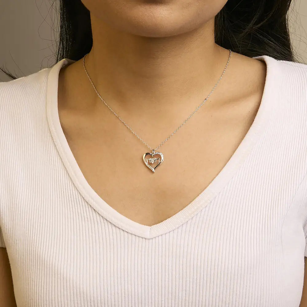 Sterling Silver Diamond Accent MOM Heart Pendant Necklace 18 Inches