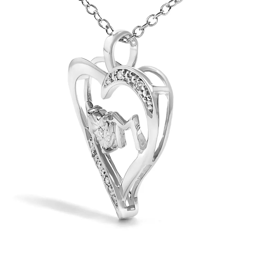 Sterling Silver Diamond Accent MOM Heart Pendant Necklace 18 Inches